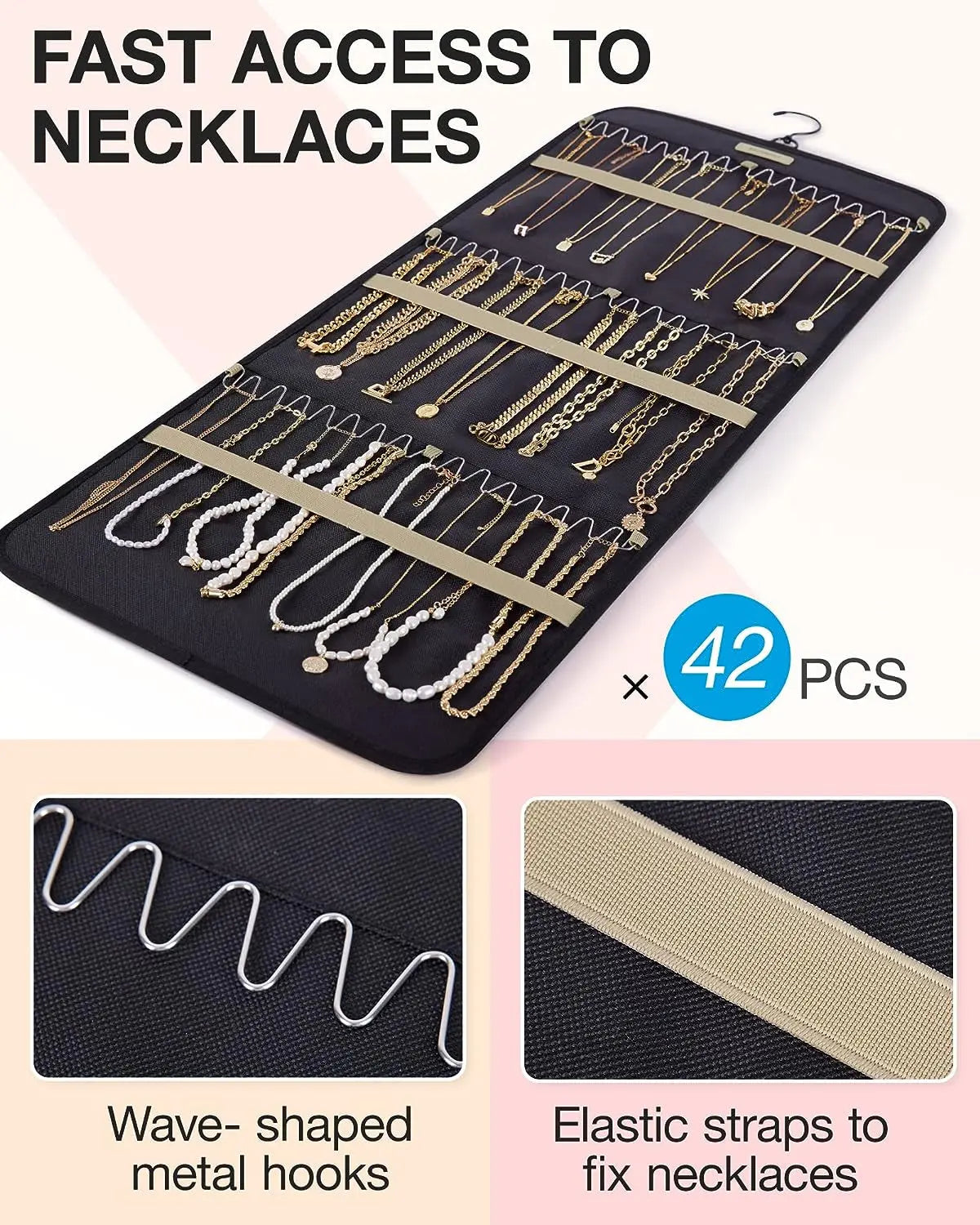 Hanging Jewelry Organizer Storage Roll with Hanger Metal Hooks Double-Sided Jewelry Holder for Earrings, Necklaces, Rings on Closet, Wall, Door, 1 Piece, Large, Black