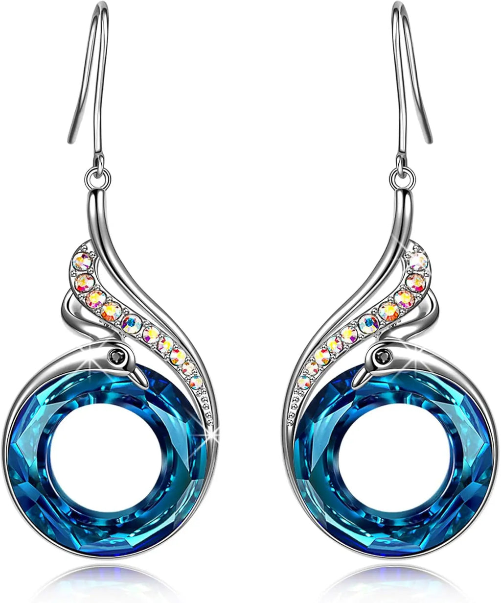 "Rise from the Ashes" Phoenix Earrings, Sterling Silver Dangle Earrings with Crystals from Austria, Birthday Gift with Jewelry Box, Symbol of Luck and Renewal