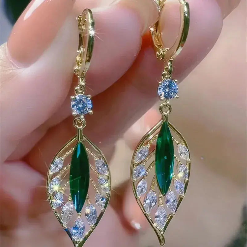 Green Crystal Golden Leaves Earrings for Women - USM003 US-GiftStore-4U