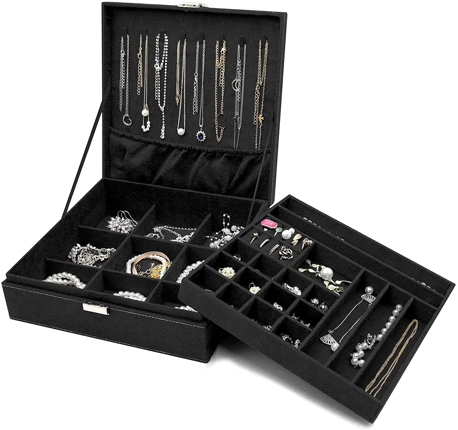 Velvet Jewelry Box Organizer for Women Father'S Day, 2 Layer Jewelry Display Storage Holder Case for Necklace Earrings Bracelets Rings -Black