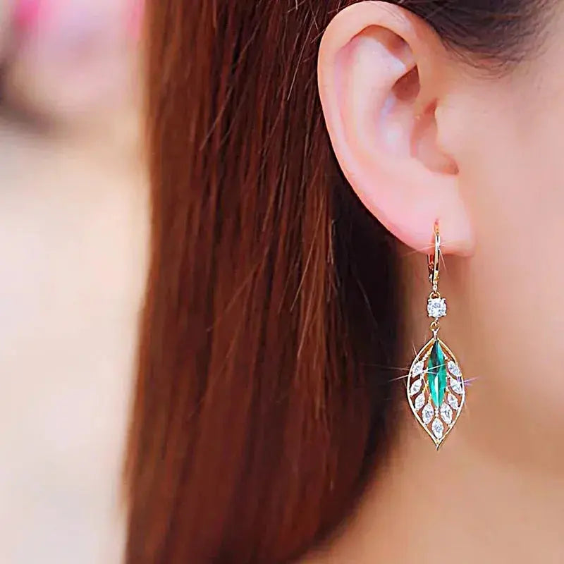 Green Crystal Golden Leaves Earrings for Women - USM003 US-GiftStore-4U