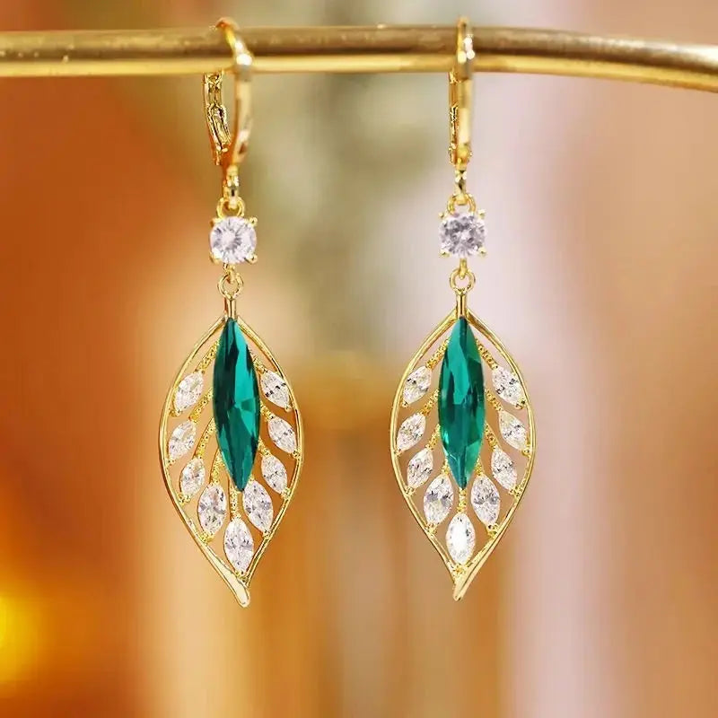 Green Crystal Golden Leaves Earrings for Women - USM003 US-GiftStore-4U