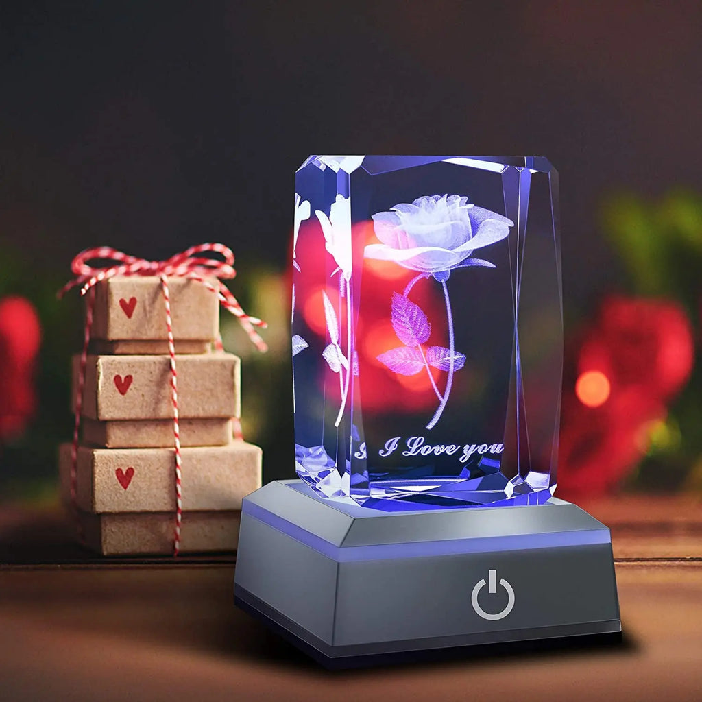 3D Rose Crystal Night Lamp with Adjustable LED Multicolor Lights for Girlfriend, Wife - Valentine'S Day, Anniversary,Birthday Presents, Christmas Gifts for Her
