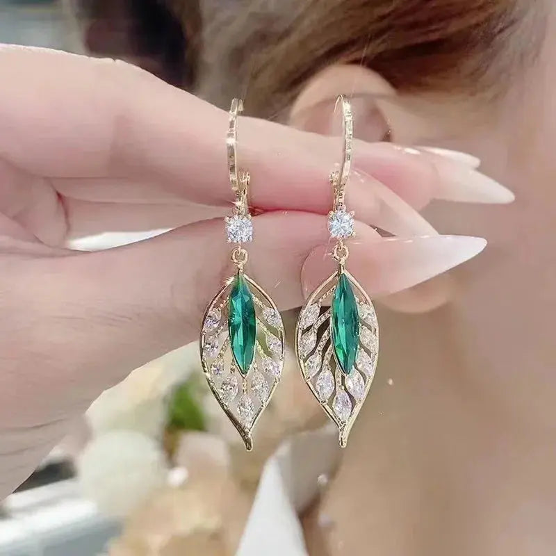 Green Crystal Golden Leaves Earrings for Women - USM003 US-GiftStore-4U