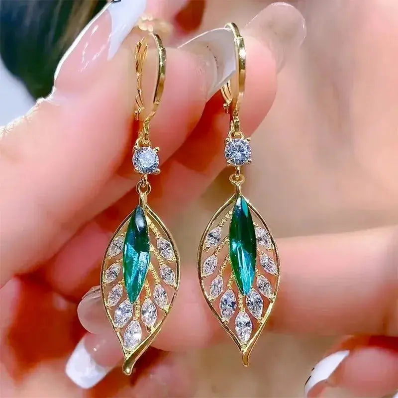Green Crystal Golden Leaves Earrings for Women - USM003 US-GiftStore-4U