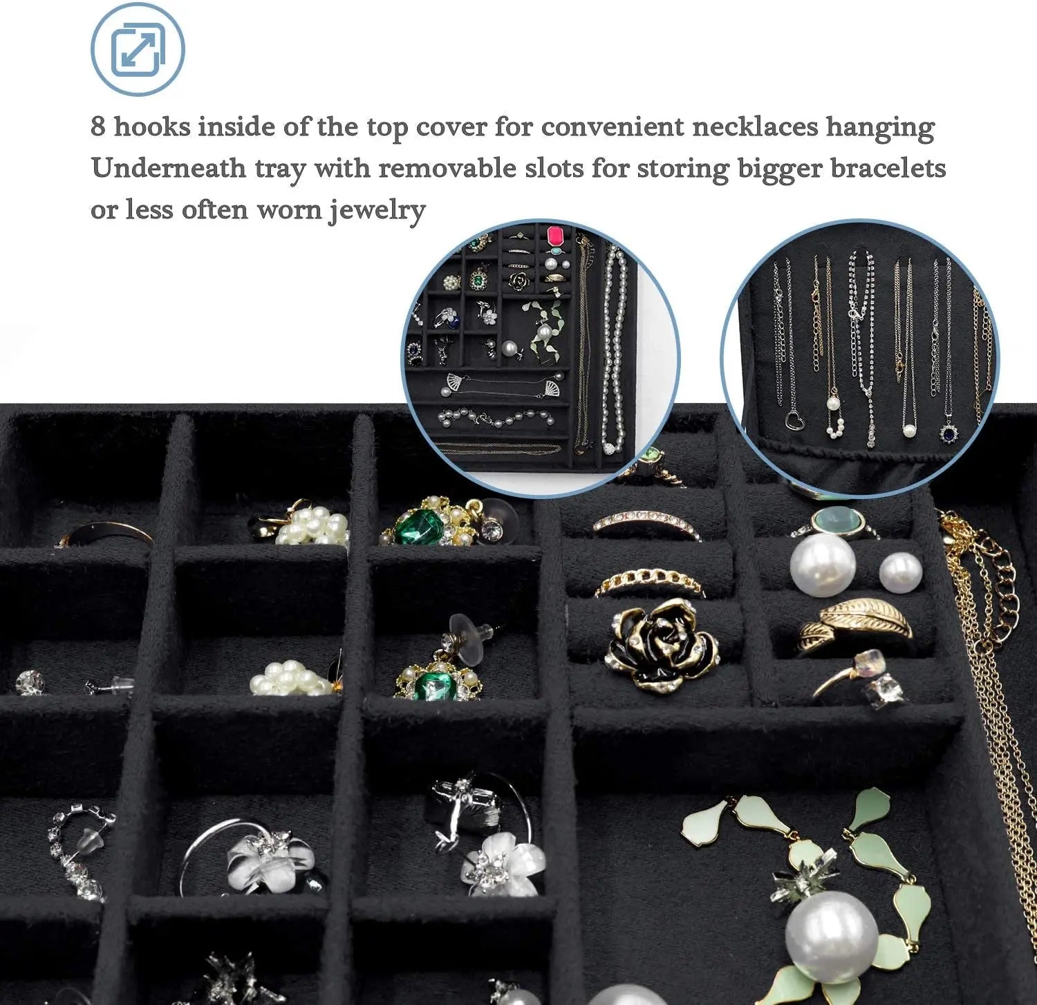 Velvet Jewelry Box Organizer for Women Father'S Day, 2 Layer Jewelry Display Storage Holder Case for Necklace Earrings Bracelets Rings -Black