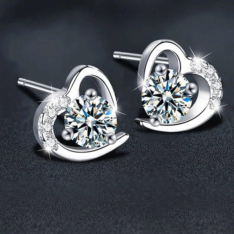 925 Sterling Silver Moissanite Love Heart Stud Earrings - USMJ0238