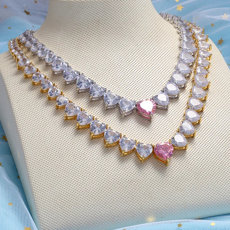 5A heart shape CZ iced out bling heart CZ tennis necklace - USMJ0250