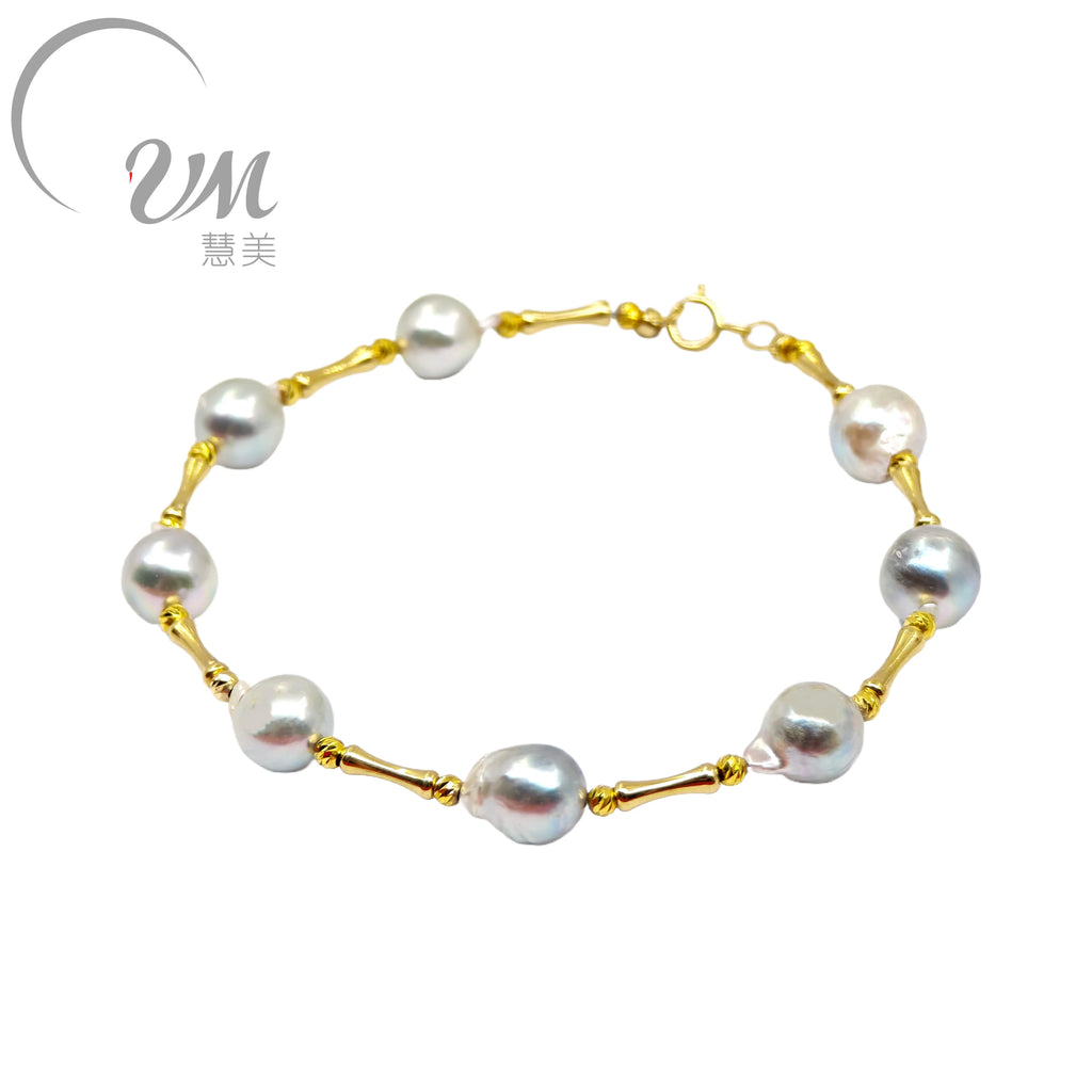 18K Solid Gold Bracelet with Natural Pearl Fine String Unisex/Women's - USMJ0243