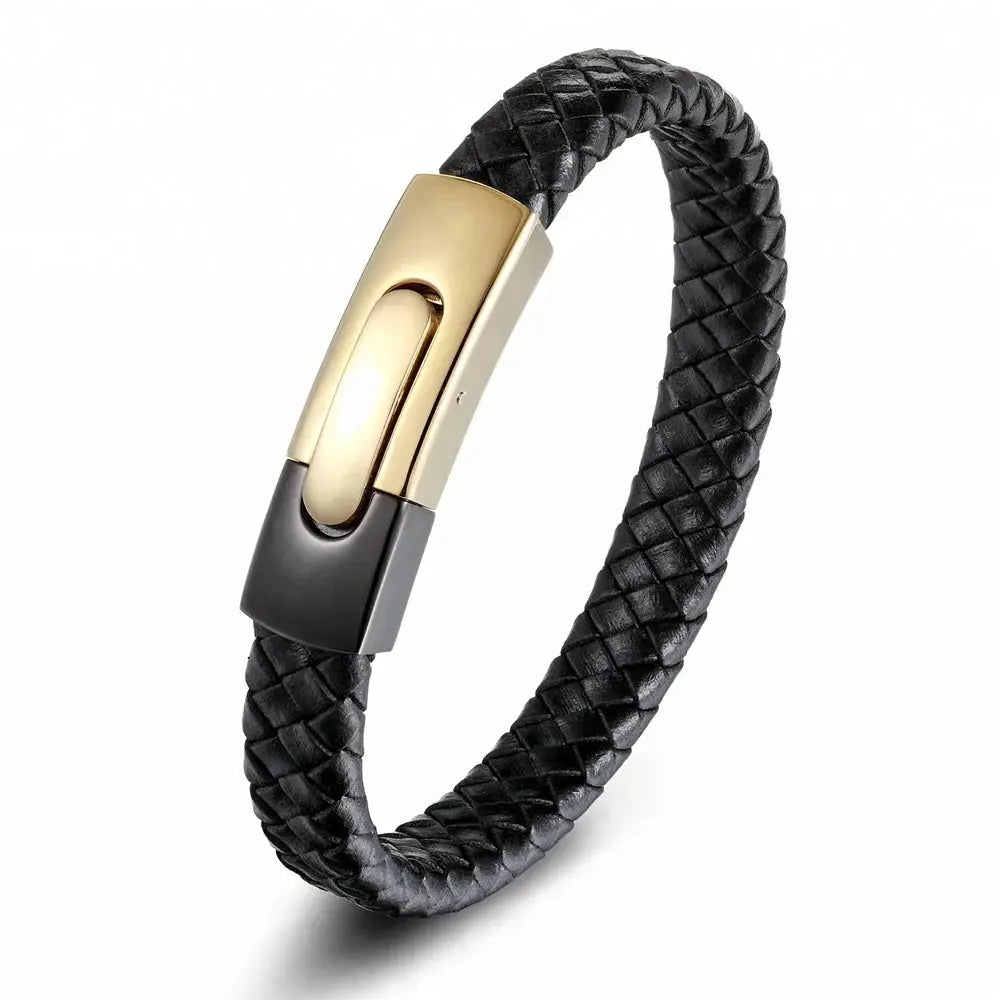 Men Fashion Stainless Steel Cuff Magnetic Clasp Leather Wrap Bracelet - USMGD0240 AliExpress-Dropship