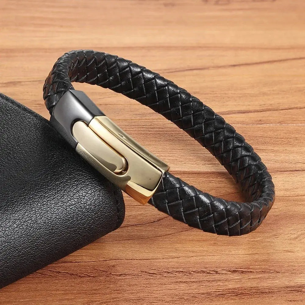 Men Fashion Stainless Steel Cuff Magnetic Clasp Leather Wrap Bracelet - USMGD0240 AliExpress-Dropship