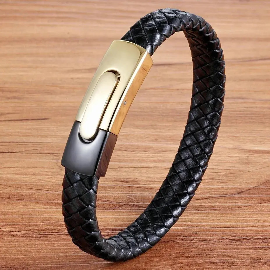 Men Fashion Stainless Steel Cuff Magnetic Clasp Leather Wrap Bracelet - USMGD0240 AliExpress-Dropship