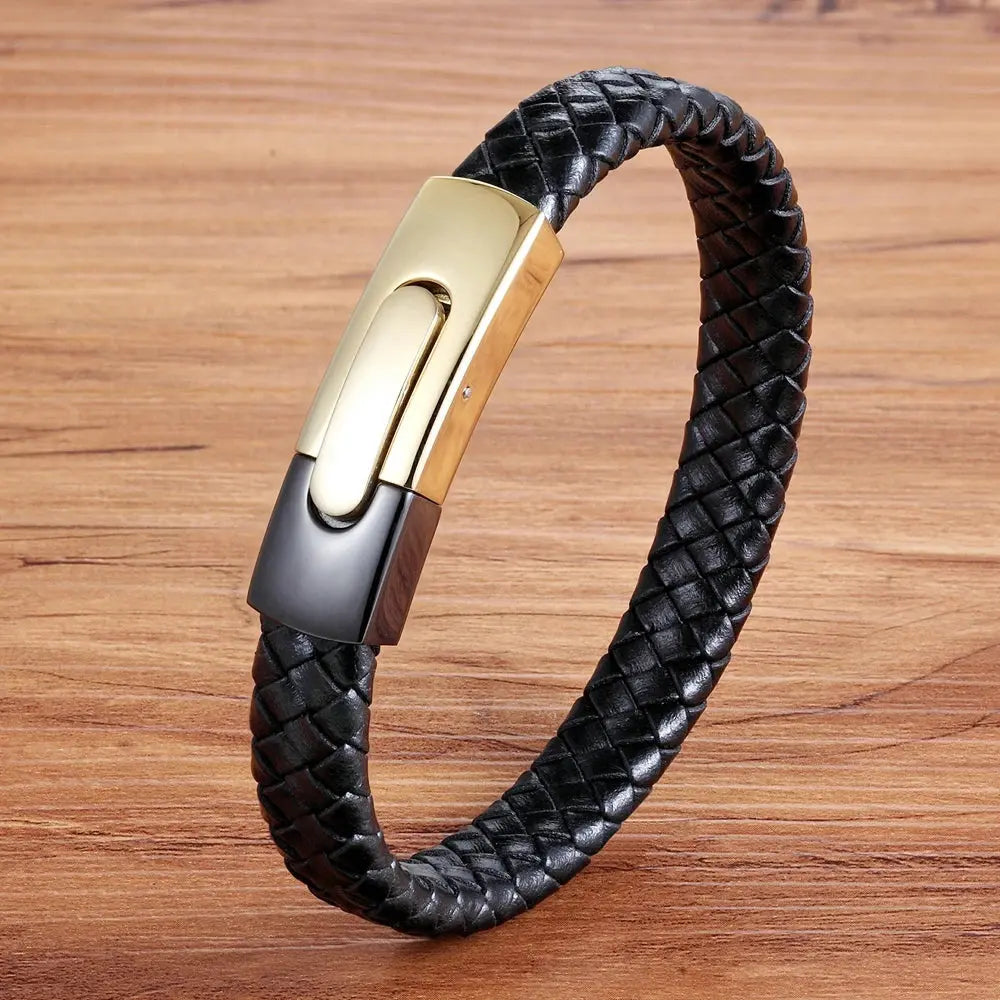 Men Fashion Stainless Steel Cuff Magnetic Clasp Leather Wrap Bracelet - USMGD0240 AliExpress-Dropship