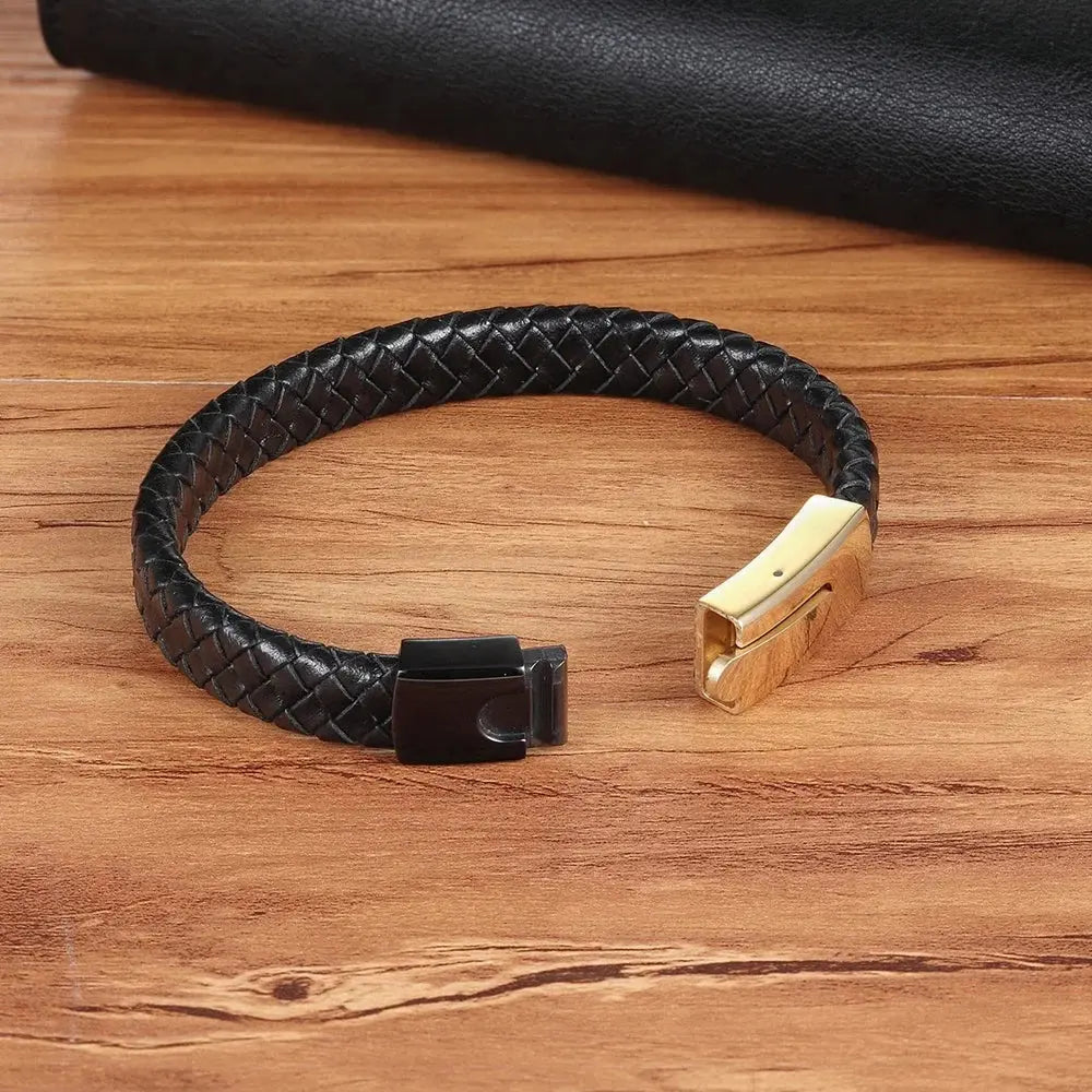 Men Fashion Stainless Steel Cuff Magnetic Clasp Leather Wrap Bracelet - USMGD0240 AliExpress-Dropship