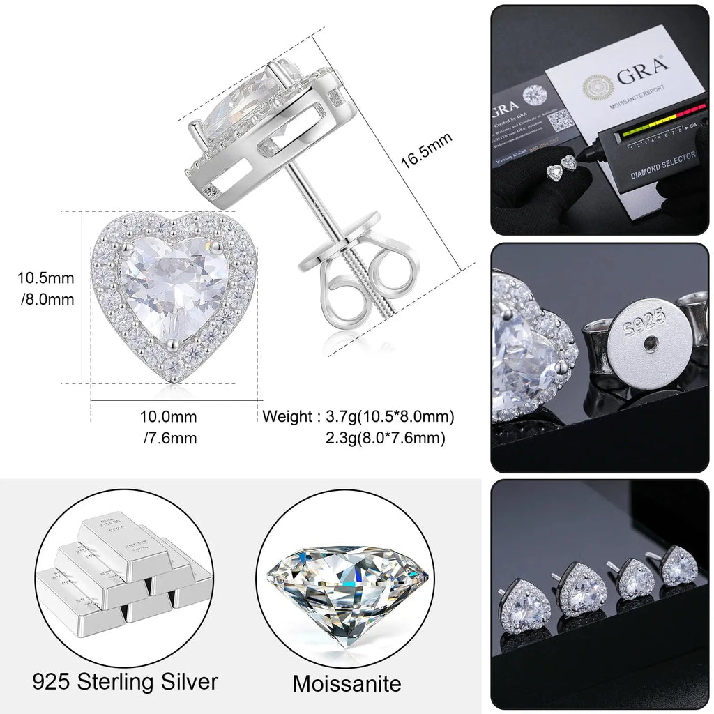 White Gold, Heart Cut VVS Moissanite Diamond Stud Earrings - USMJ0244 AliExpress-Dropship
