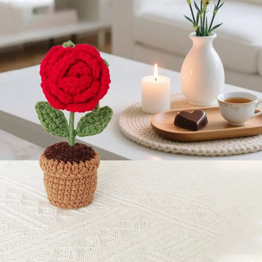 Hand-Crocheted Red Heart Roses, Small Potted Plants - USMGD0198 AliExpress-Dropship