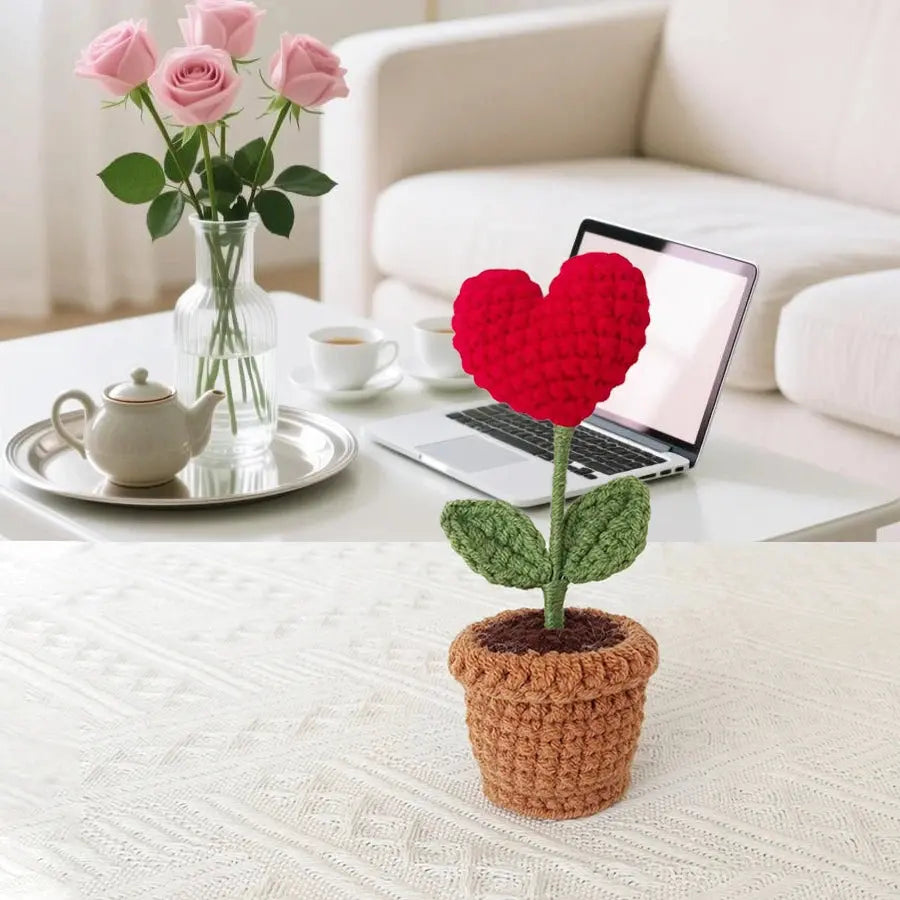 Hand-Crocheted Red Heart Roses, Small Potted Plants - USMGD0198 AliExpress-Dropship