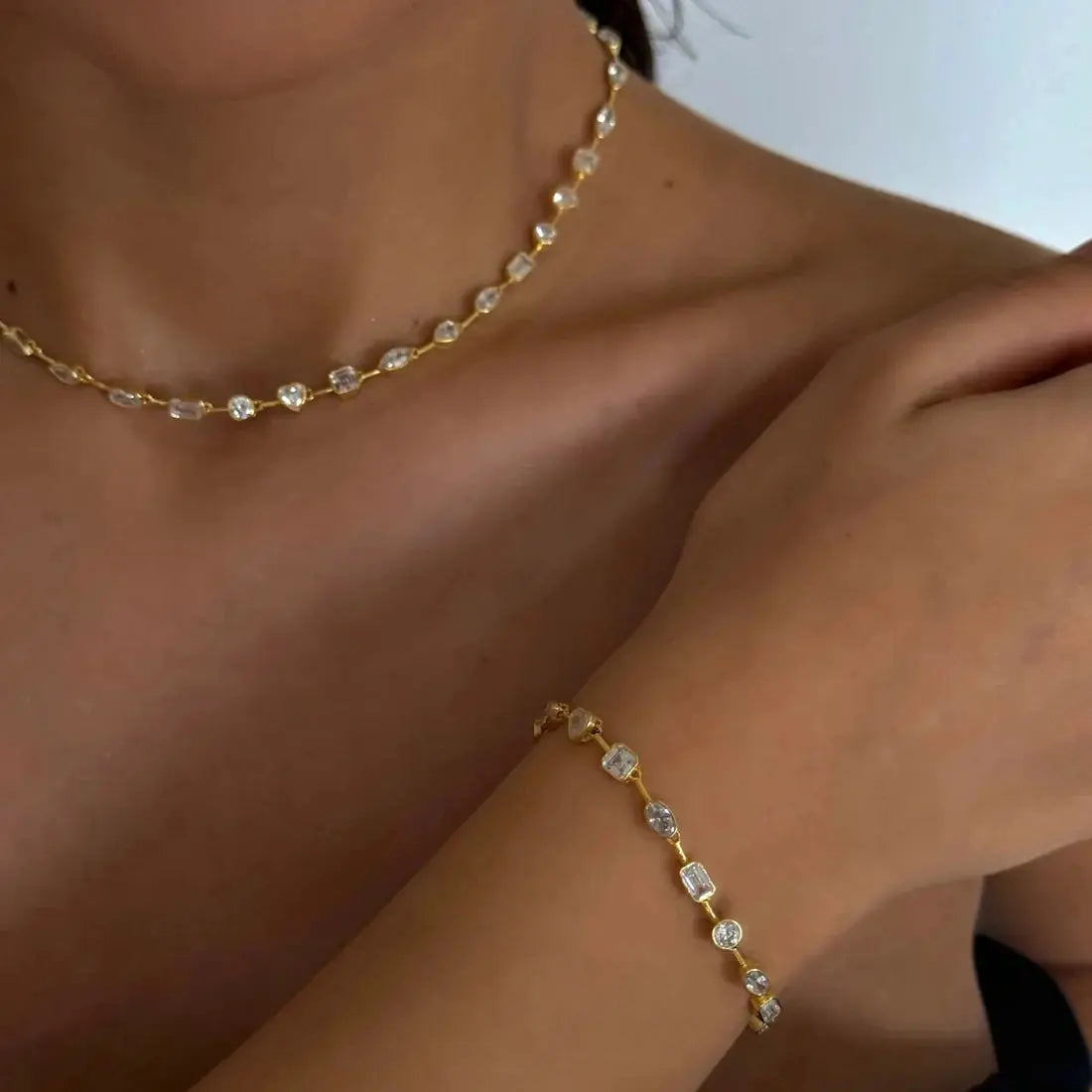 Gold Color Geometric Various Shaped Bezel Chain Bracelet Necklace Set - USMJ0273 AliExpress-Dropship
