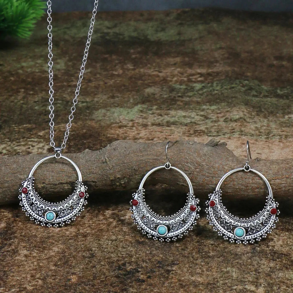 Rustic Tribal Necklace & Earrings Set Natural Stone Jewelry -USMJ080 Copper Pallas