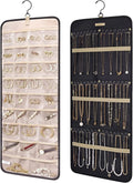 Hanging Jewelry Organizer Storage Roll with Hanger Metal Hooks Double-Sided Jewelry Holder for Earrings, Necklaces, Rings on Closet, Wall, Door, 1 Piece, Large, Black