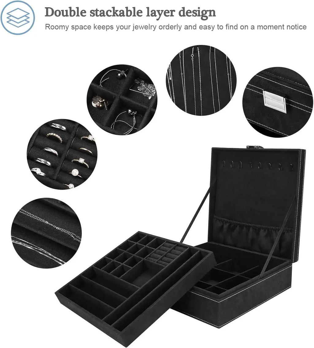 Velvet Jewelry Box Organizer for Women Father'S Day, 2 Layer Jewelry Display Storage Holder Case for Necklace Earrings Bracelets Rings -Black