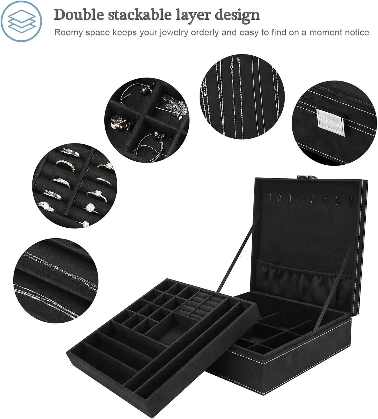 Velvet Jewelry Box Organizer for Women Father'S Day, 2 Layer Jewelry Display Storage Holder Case for Necklace Earrings Bracelets Rings -Black
