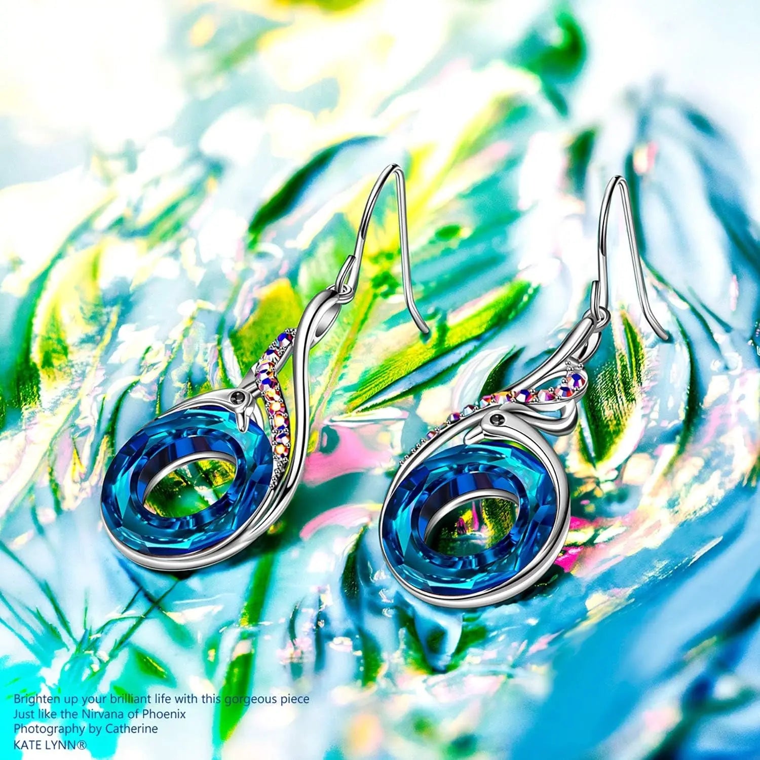 "Rise from the Ashes" Phoenix Earrings, Sterling Silver Dangle Earrings with Crystals from Austria, Birthday Gift with Jewelry Box, Symbol of Luck and Renewal