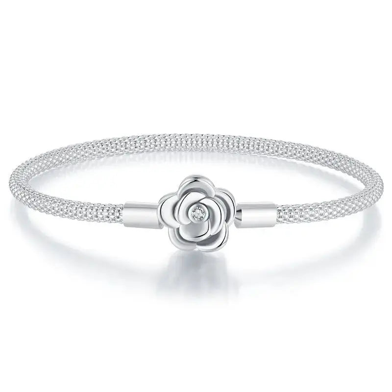 Silver Vintage Rose Flower Love Heart Bangle Bracelet - USM008 US-GiftStore-4U