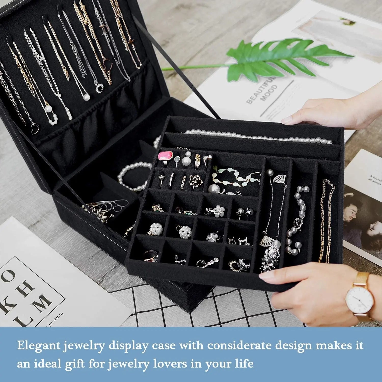 Velvet Jewelry Box Organizer for Women Father'S Day, 2 Layer Jewelry Display Storage Holder Case for Necklace Earrings Bracelets Rings -Black