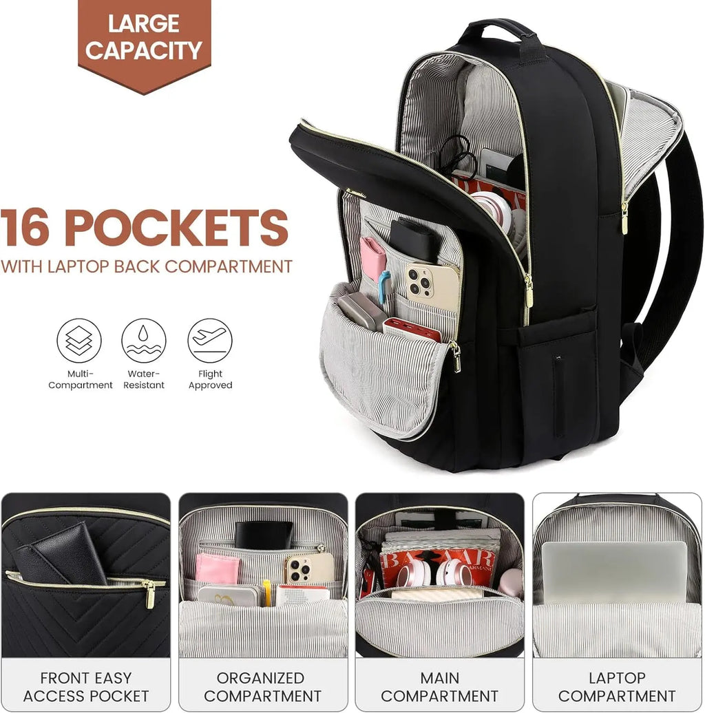 Laptop Backpack for Women 15.6 Inch,Cute Womens Travel Backpack Purse,Professional Laptop Computer Bag,Waterproof Work Business College Teacher Bags Carry on Backpack with USB Port,Black