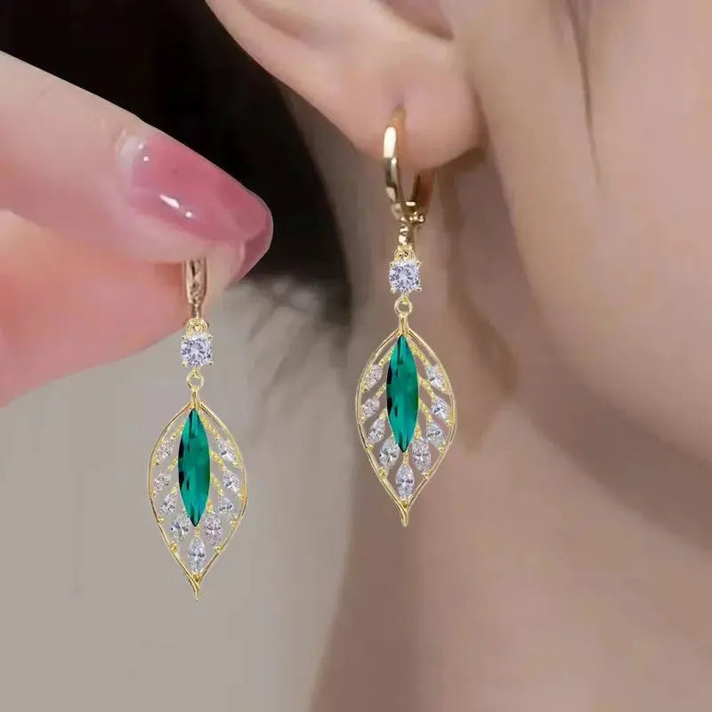 Green Crystal Golden Leaves Earrings for Women - USM003 US-GiftStore-4U